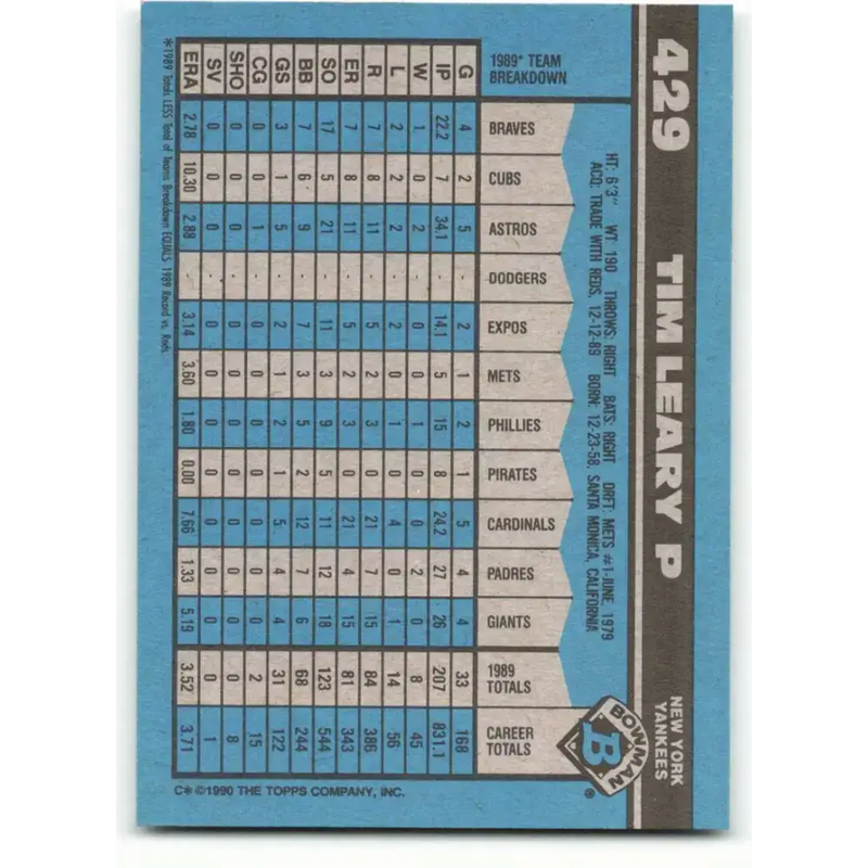 1990 Bowman #429 Tim Leary NM-MT New York Yankees Baseball Card - Baseball Card Single
