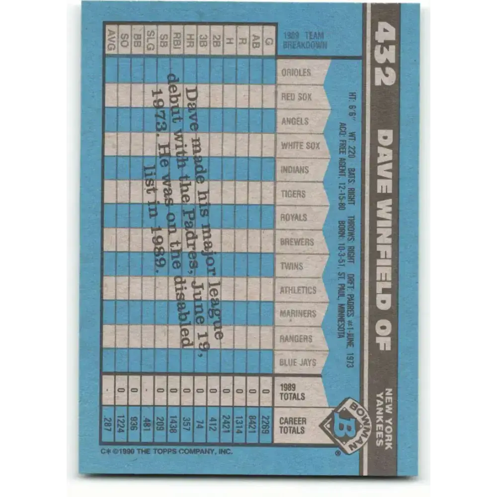 1990 Bowman #432 Dave Winfield NM-MT New York Yankees Baseball Card - Baseball Card Single