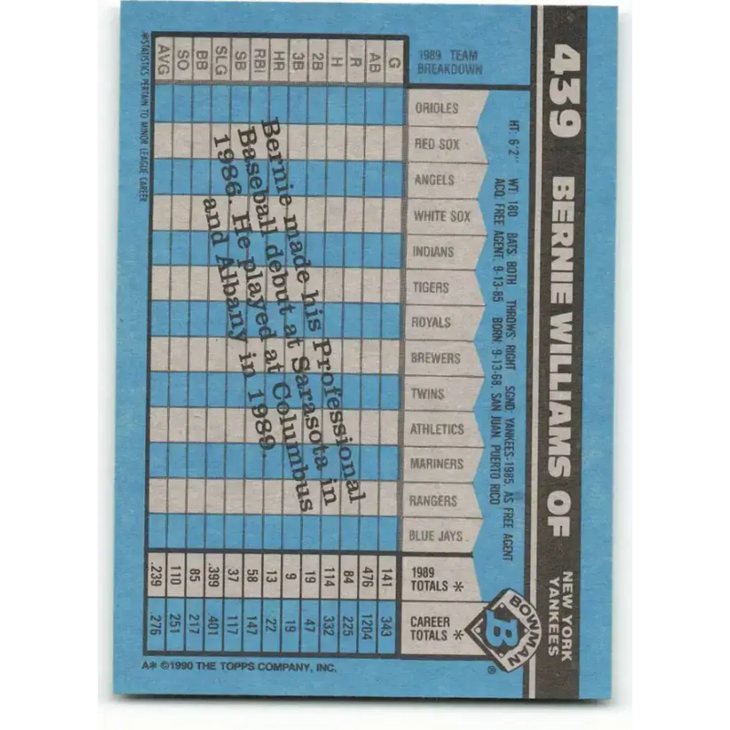 1990 Bowman #439 Bernie Williams NM-MT RC Rookie New York Yankees Baseball Card - Baseball Card Single