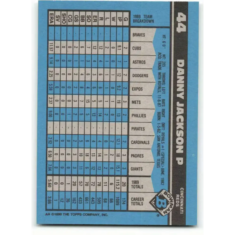1990 Bowman #44 Danny Jackson NM-MT Cincinnati Reds Baseball Card - Baseball Card Single