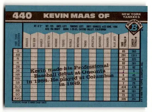 Original gloss Kevin Maas Yankees baseball card from 1990 Bowman #440