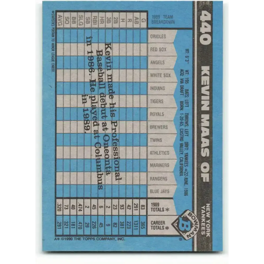 1990 Bowman #440 Kevin Maas NM-MT RC Rookie New York Yankees Baseball Card