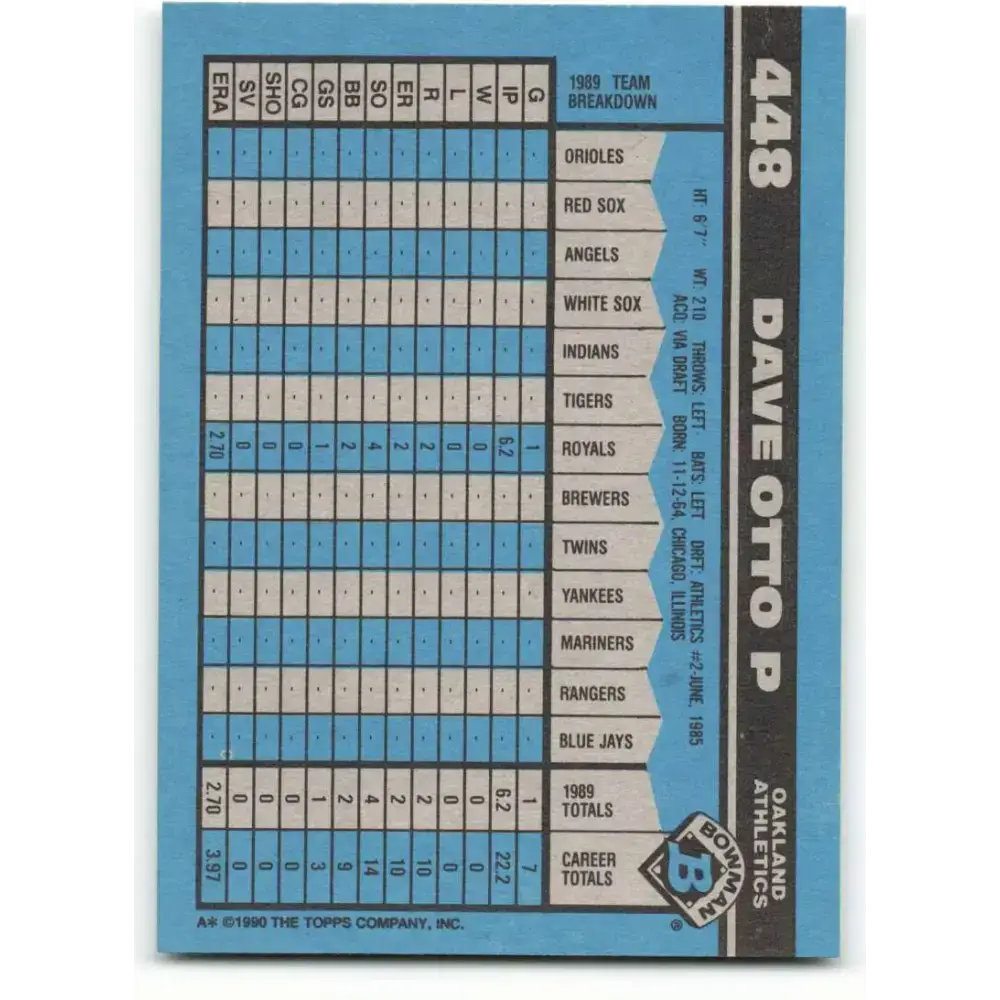 1990 Bowman #448 Dave Otto NM-MT Oakland Athletics Baseball Card - Baseball Card Single