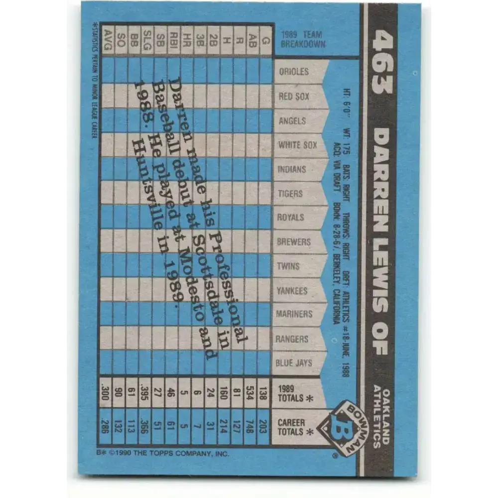 1990 Bowman #463 Darren Lewis NM-MT RC Rookie Oakland Athletics Baseball Card - Baseball Card Single