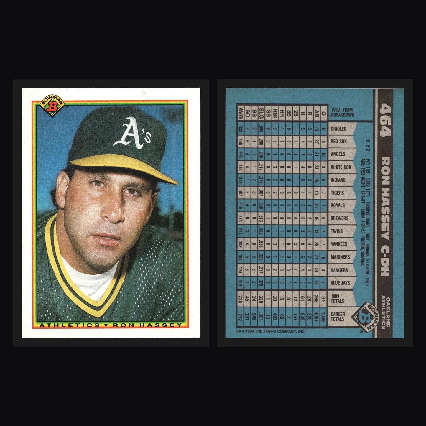 1990 Bowman #464 Ron Hassey Oakland Athletics - Baseball Card Single