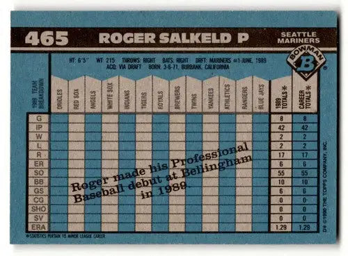 1990 Bowman #465 Roger Salkeld Seattle Mariners Baseball Cards NM Ne ID:64445 - Baseball Card Single