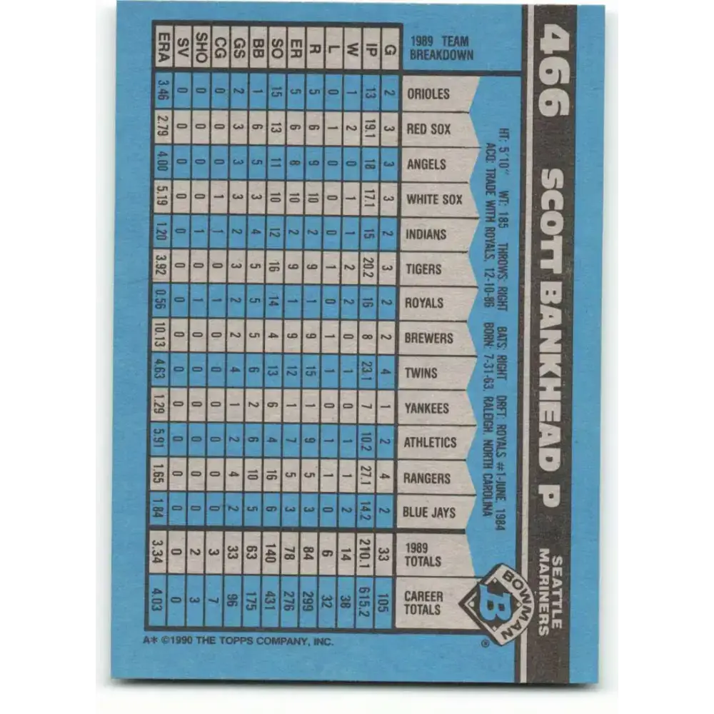1990 Bowman #466 Scott Bankhead NM-MT Seattle Mariners Baseball Card - Baseball Card Single