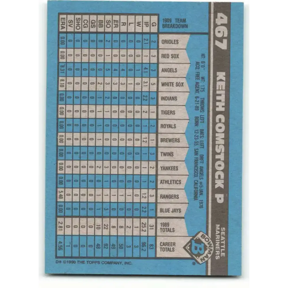 1990 Bowman #467 Keith Comstock NM-MT Seattle Mariners Baseball Card - Baseball Card Single