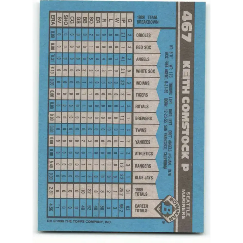 1990 Bowman #467 Keith Comstock NM-MT Seattle Mariners Baseball Card - Baseball Card Single