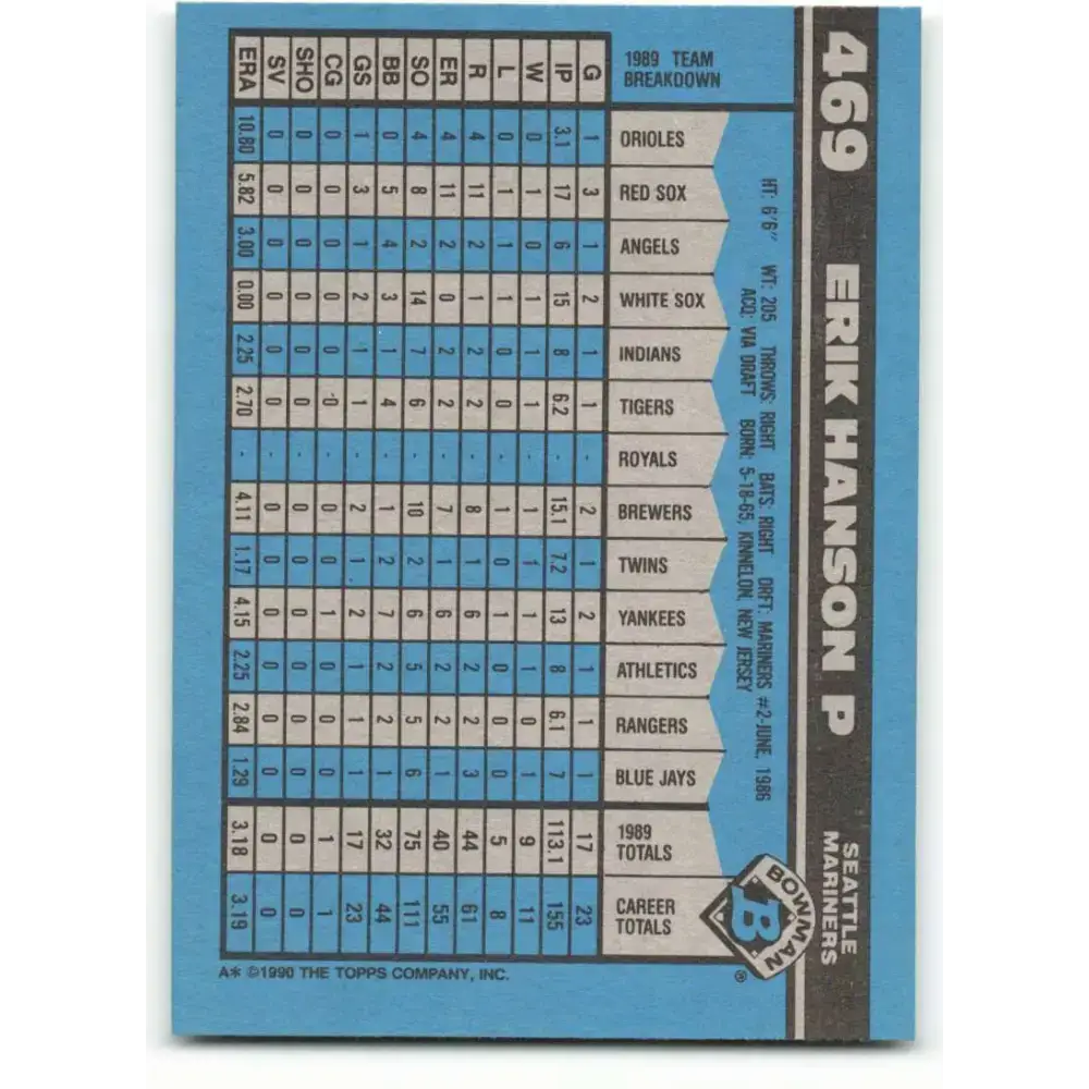 1990 Bowman #469 Erik Hanson NM-MT Seattle Mariners Baseball Card - Baseball Card Single