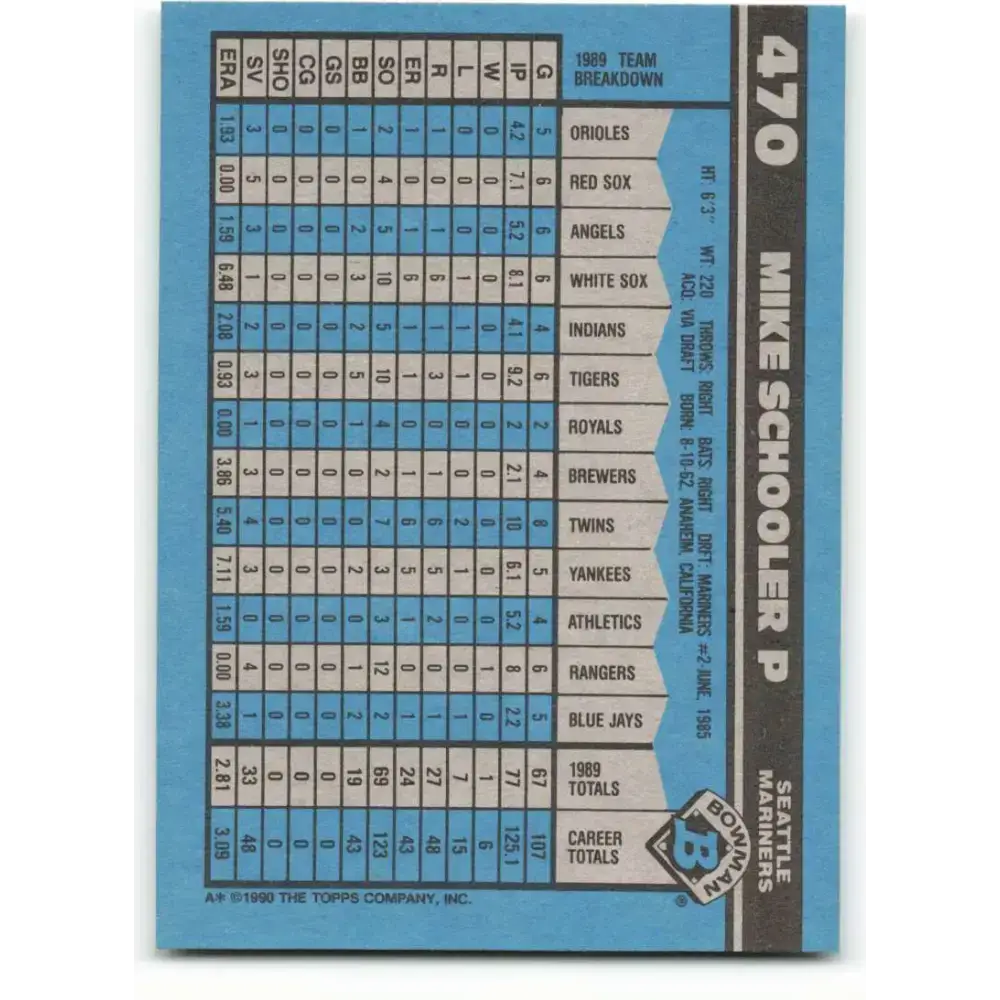 1990 Bowman #470 Mike Schooler NM-MT Seattle Mariners Baseball Card - Baseball Card Single