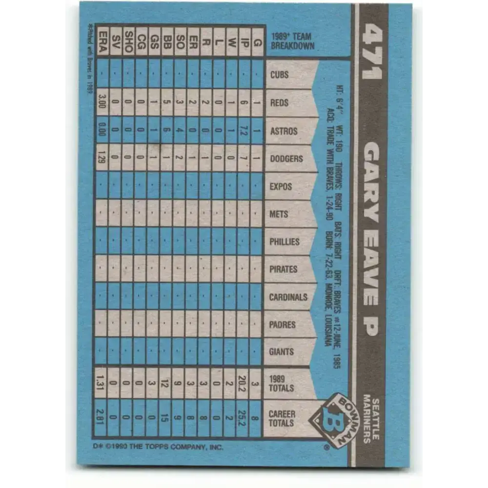 1990 Bowman #471 Gary Eave NM-MT RC Rookie Seattle Mariners Baseball Card - Baseball Card Single