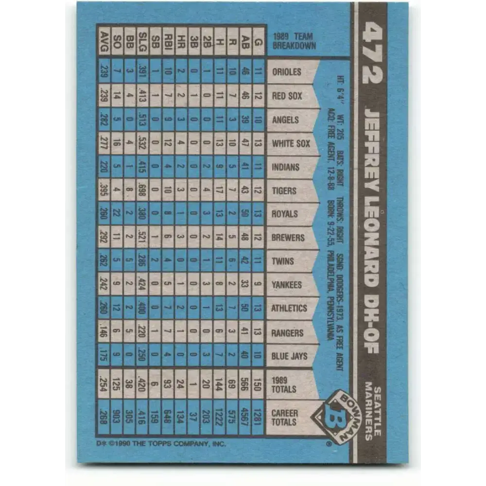 1990 Bowman #472 Jeffrey Leonard NM-MT Seattle Mariners Baseball Card - Baseball Card Single