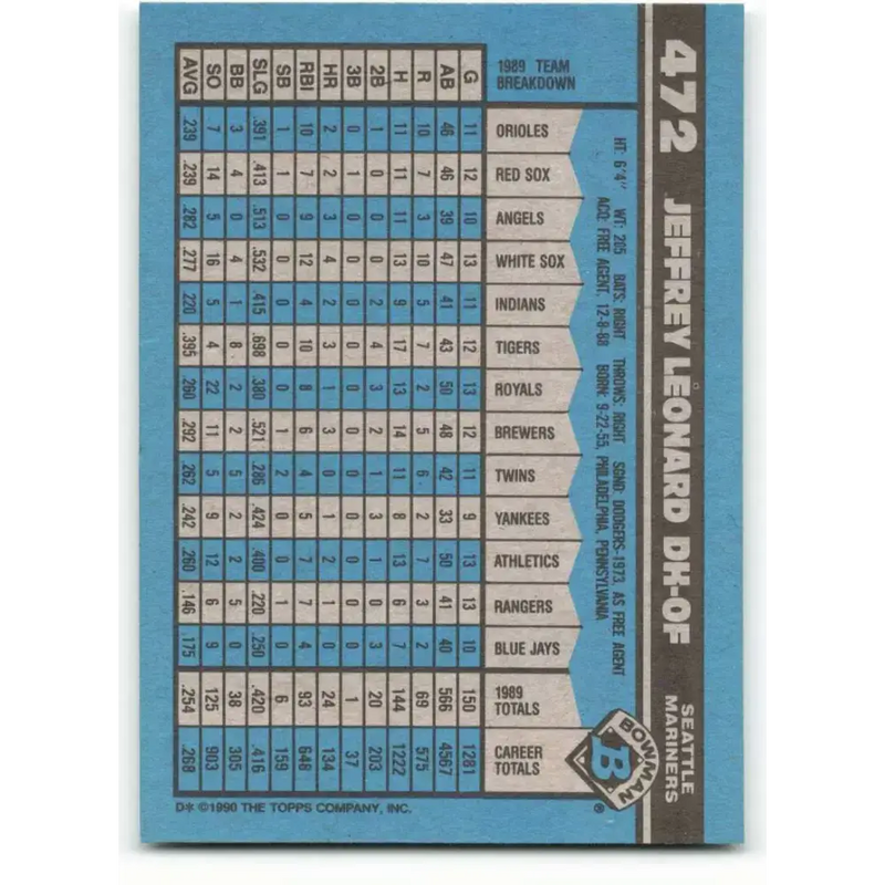 1990 Bowman #472 Jeffrey Leonard NM-MT Seattle Mariners Baseball Card - Baseball Card Single