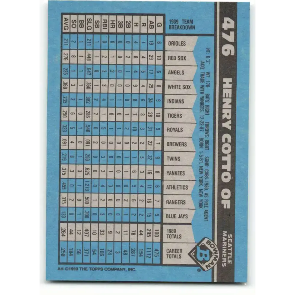 1990 Bowman #476 Henry Cotto NM-MT Seattle Mariners Baseball Card - Baseball Card Single
