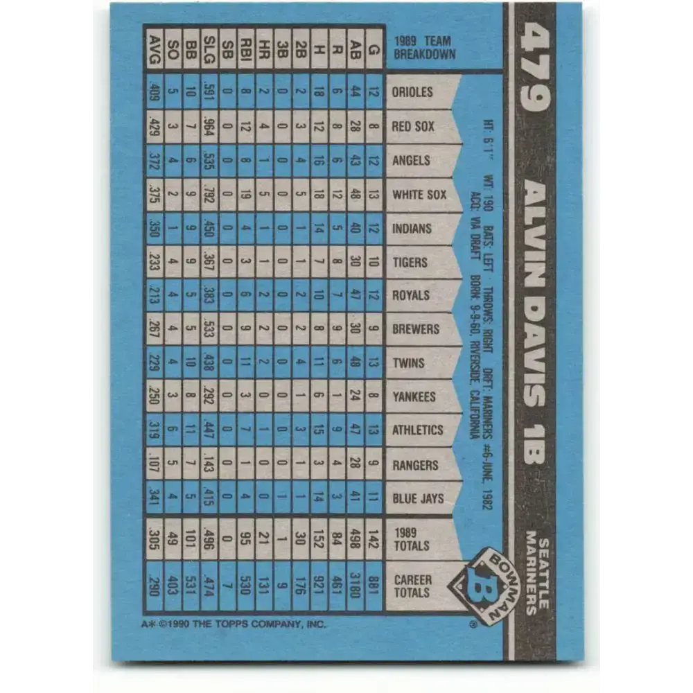 1990 Bowman #479 Alvin Davis NM-MT Seattle Mariners Baseball Card - Baseball Card Single
