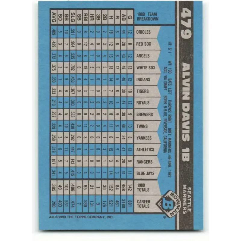 1990 Bowman #479 Alvin Davis NM-MT Seattle Mariners Baseball Card - Baseball Card Single