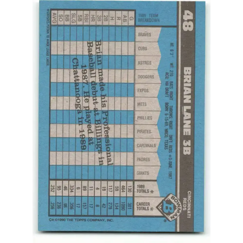 1990 Bowman #48 Brian Lane NM-MT RC Rookie Cincinnati Reds Baseball Card - Baseball Card Single