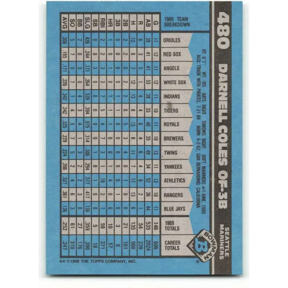 1990 Bowman #480 Darnell Coles NM-MT Seattle Mariners Baseball Card - Baseball Card Single