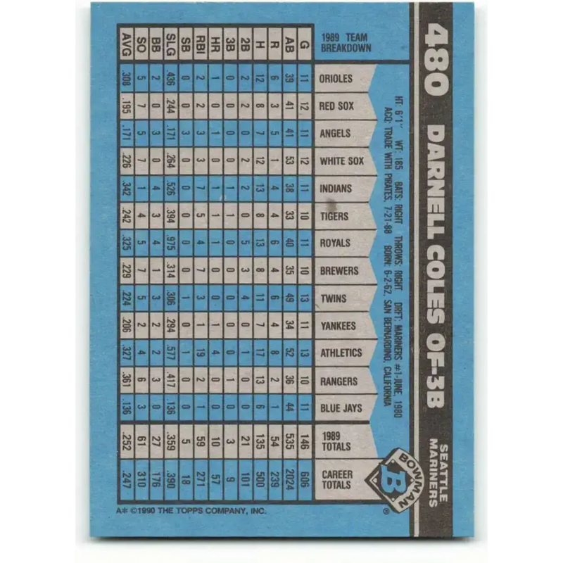 1990 Bowman #480 Darnell Coles NM-MT Seattle Mariners Baseball Card - Baseball Card Single