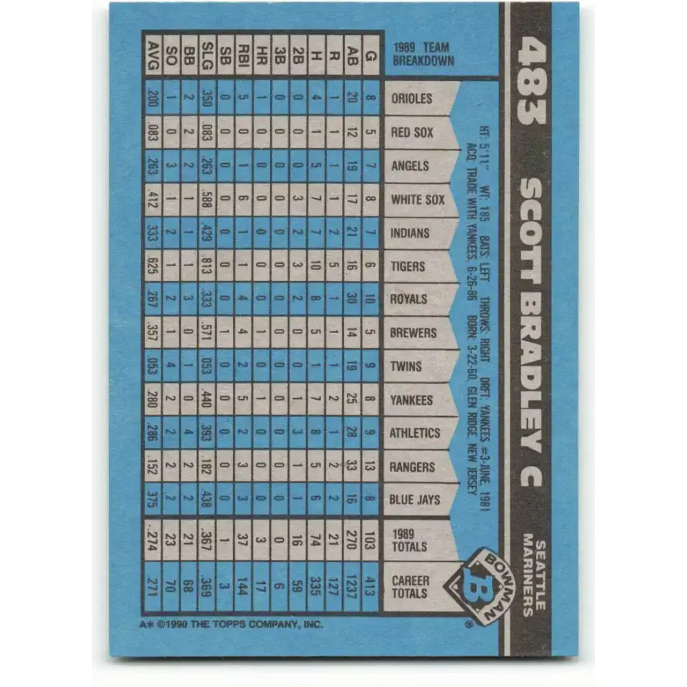 1990 Bowman #483 Scott Bradley NM-MT Seattle Mariners Baseball Card - Baseball Card Single