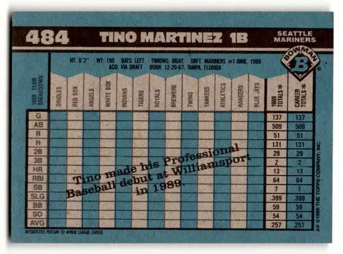 Original gloss Tino Martinez Seattle Mariners baseball card from 1990 Bowman series