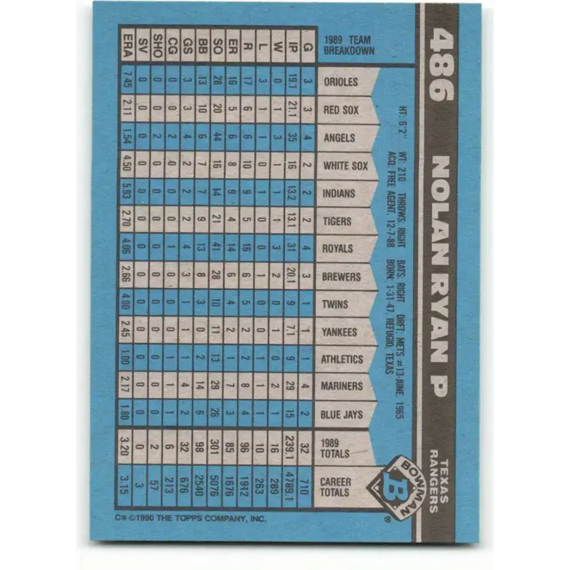 1990 Bowman #486 Nolan Ryan NM-MT Texas Rangers Baseball Card - Baseball Card Single