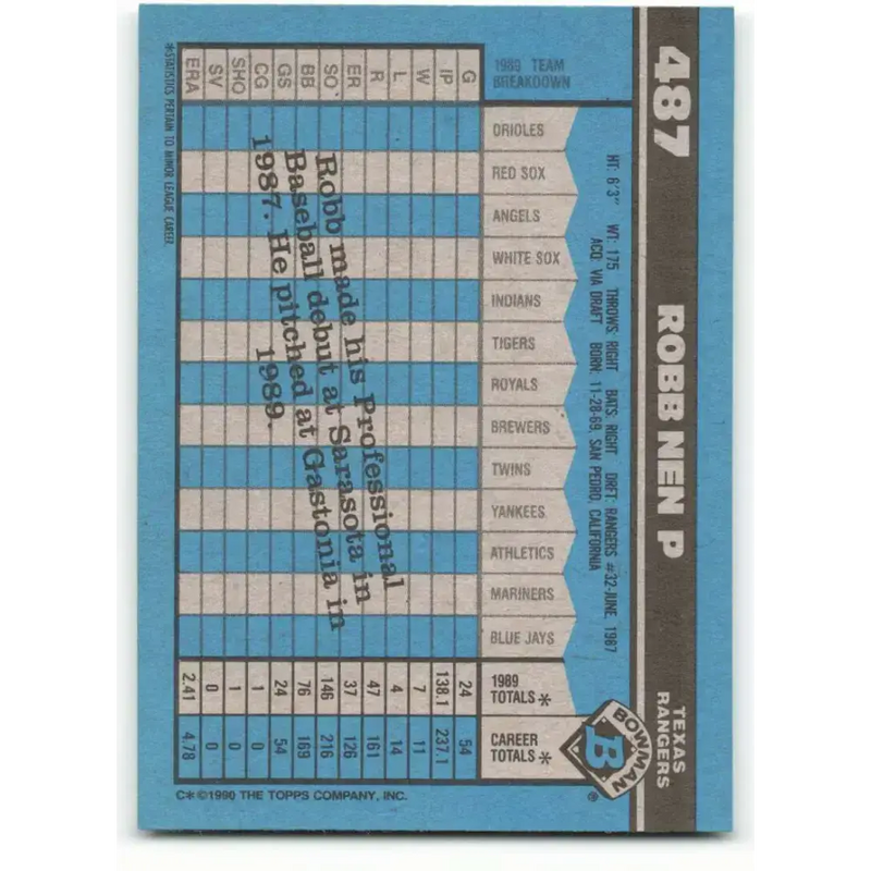 1990 Bowman #487 Robb Nen NM-MT RC Rookie Texas Rangers Baseball Card - Baseball Card Single