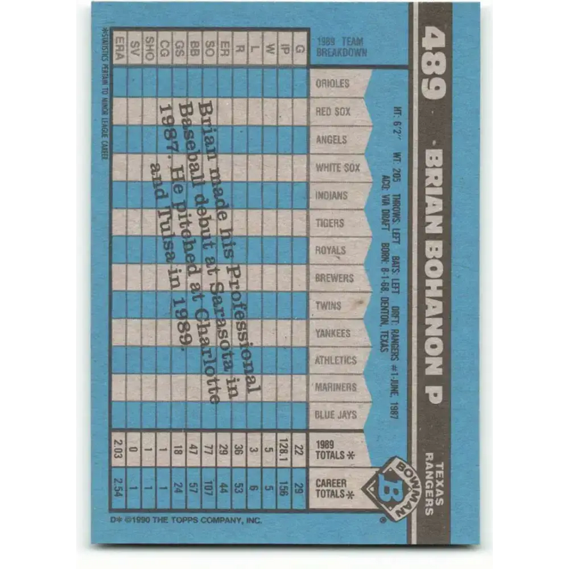 1990 Bowman #489 Brian Bohanon NM-MT RC Rookie Texas Rangers Baseball Card