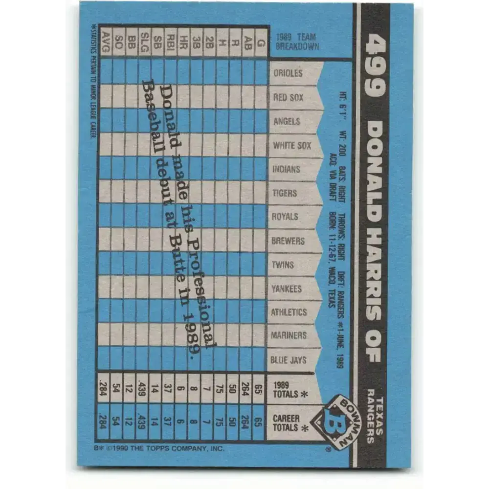 1990 Bowman #499 Donald Harris NM-MT RC Rookie Texas Rangers Baseball Card - Baseball Card Single
