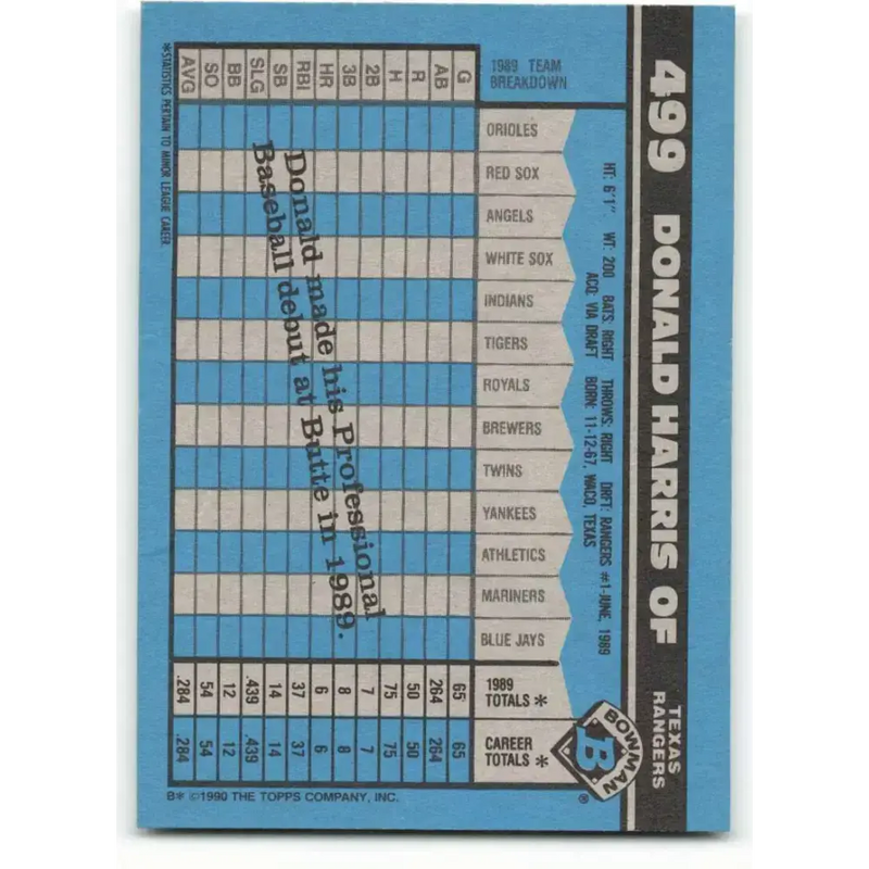 1990 Bowman #499 Donald Harris NM-MT RC Rookie Texas Rangers Baseball Card - Baseball Card Single