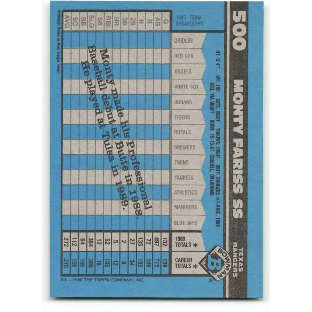 1990 Bowman #500 Monty Fariss NM-MT Texas Rangers Baseball Card - Baseball Card Single