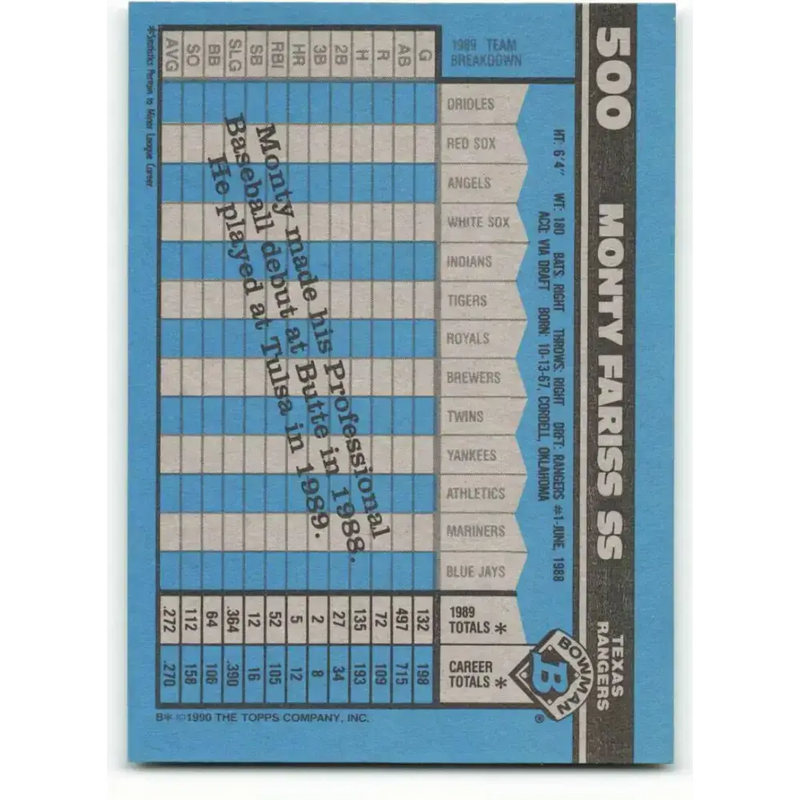 1990 Bowman #500 Monty Fariss NM-MT Texas Rangers Baseball Card - Baseball Card Single