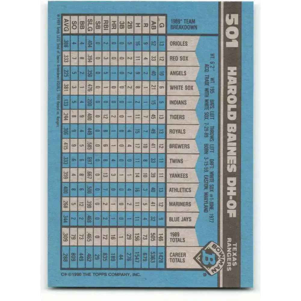 1990 Bowman #501 Harold Baines NM-MT Texas Rangers Baseball Card - Baseball Card Single