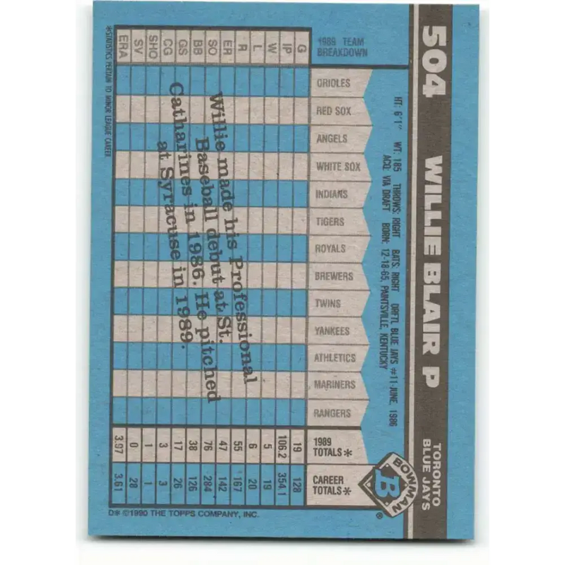 1990 Bowman #504 Willie Blair NM-MT RC Rookie Toronto Blue Jays Baseball Card - Baseball Card Single