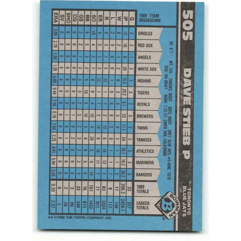 1990 Bowman #505 Dave Stieb NM-MT Toronto Blue Jays Baseball Card - Baseball Card Single