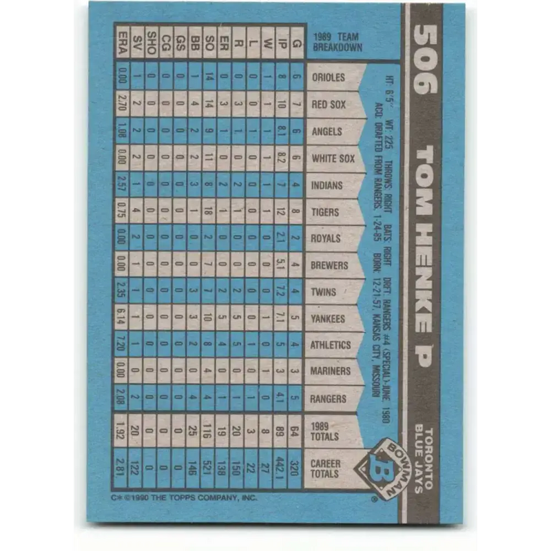 1990 Bowman #506 Tom Henke NM-MT Toronto Blue Jays Baseball Card - Baseball Card Single