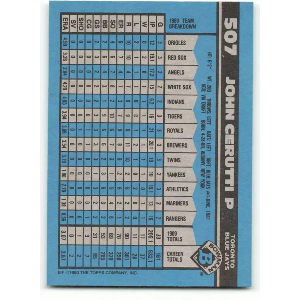 1990 Bowman #507 John Cerutti NM-MT Toronto Blue Jays Baseball Card - Baseball Card Single