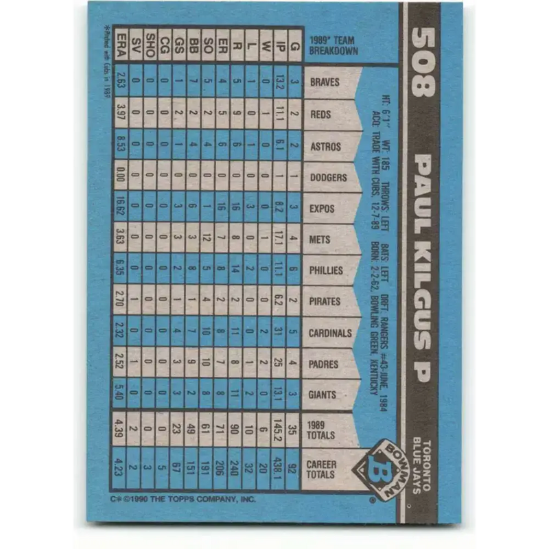 1990 Bowman #508 Paul Kilgus NM-MT Toronto Blue Jays Baseball Card - Baseball Card Single