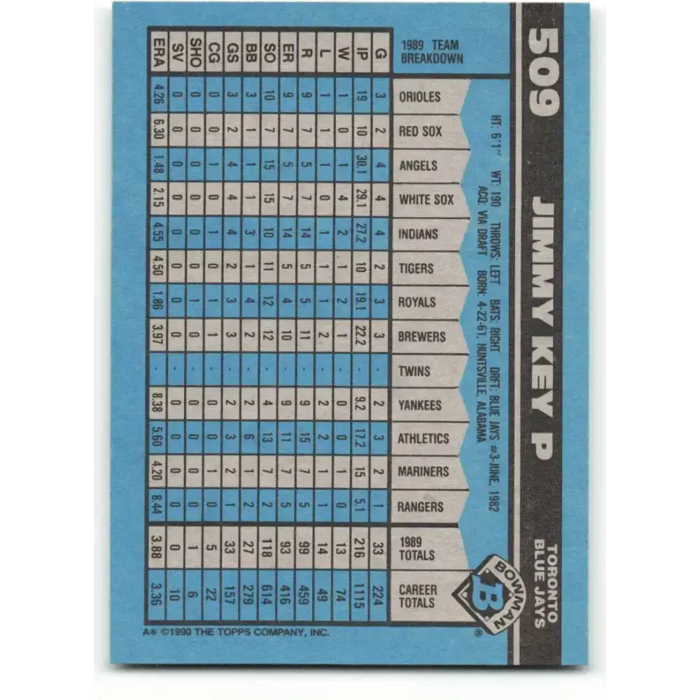 1990 Bowman #509 Jimmy Key NM-MT Toronto Blue Jays Baseball Card - Baseball Card Single