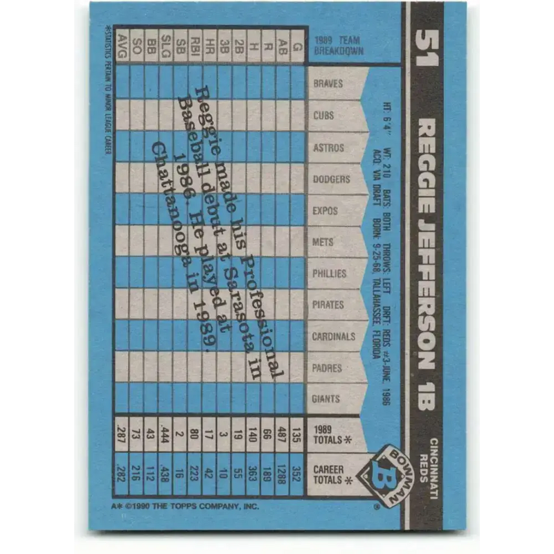 1990 Bowman #51 Reggie Jefferson NM-MT RC Rookie Cincinnati Reds Baseball Card - Baseball Card Single