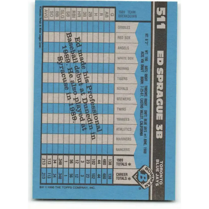 1990 Bowman #511 Ed Sprague NM-MT Toronto Blue Jays Baseball Card - Baseball Card Single