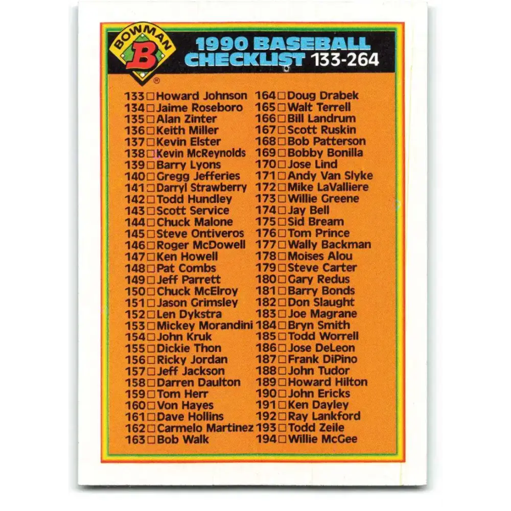 1990 Bowman #526 Checklist 133-264 NM-MT Checklist Baseball Card - Baseball Card Single
