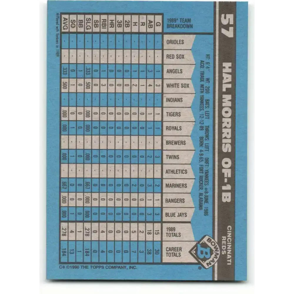 1990 Bowman #57 Hal Morris NM-MT Cincinnati Reds Baseball Card - Baseball Card Single