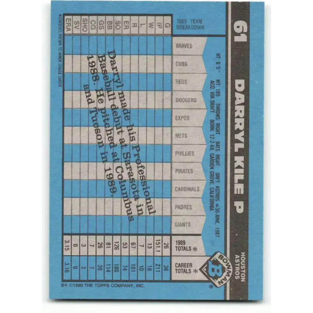 1990 Bowman #61 Darryl Kile NM-MT RC Rookie Houston Astros Baseball Card - Baseball Card Single