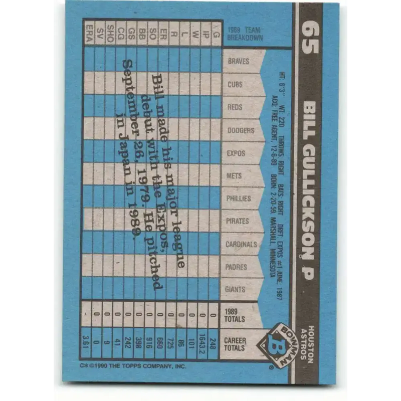 1990 Bowman #65 Bill Gullickson NM-MT Houston Astros Baseball Card - Baseball Card Single