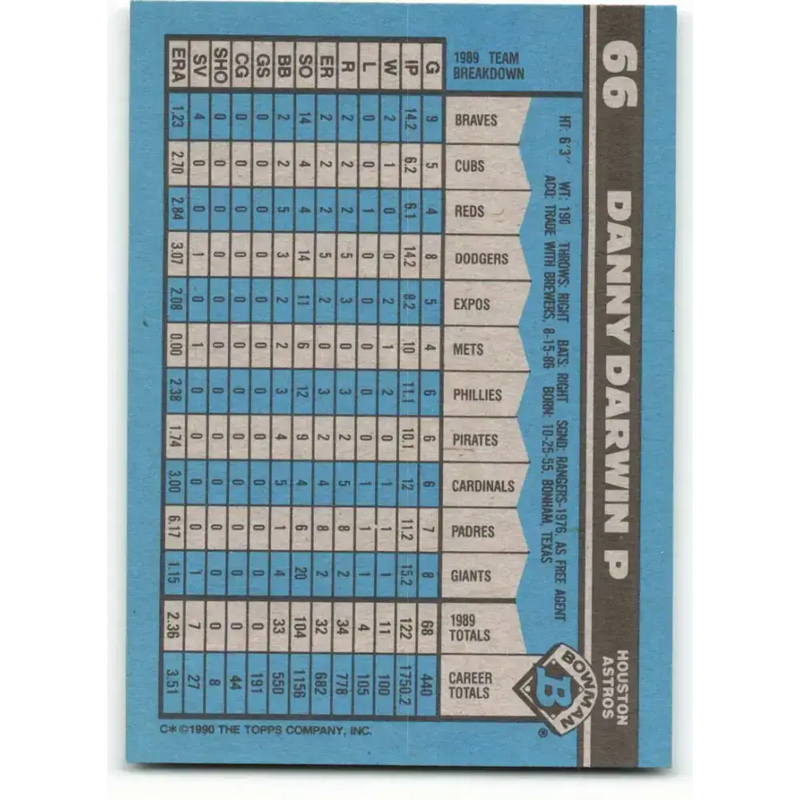 1990 Bowman #66 Danny Darwin NM-MT Houston Astros Baseball Card - Baseball Card Single