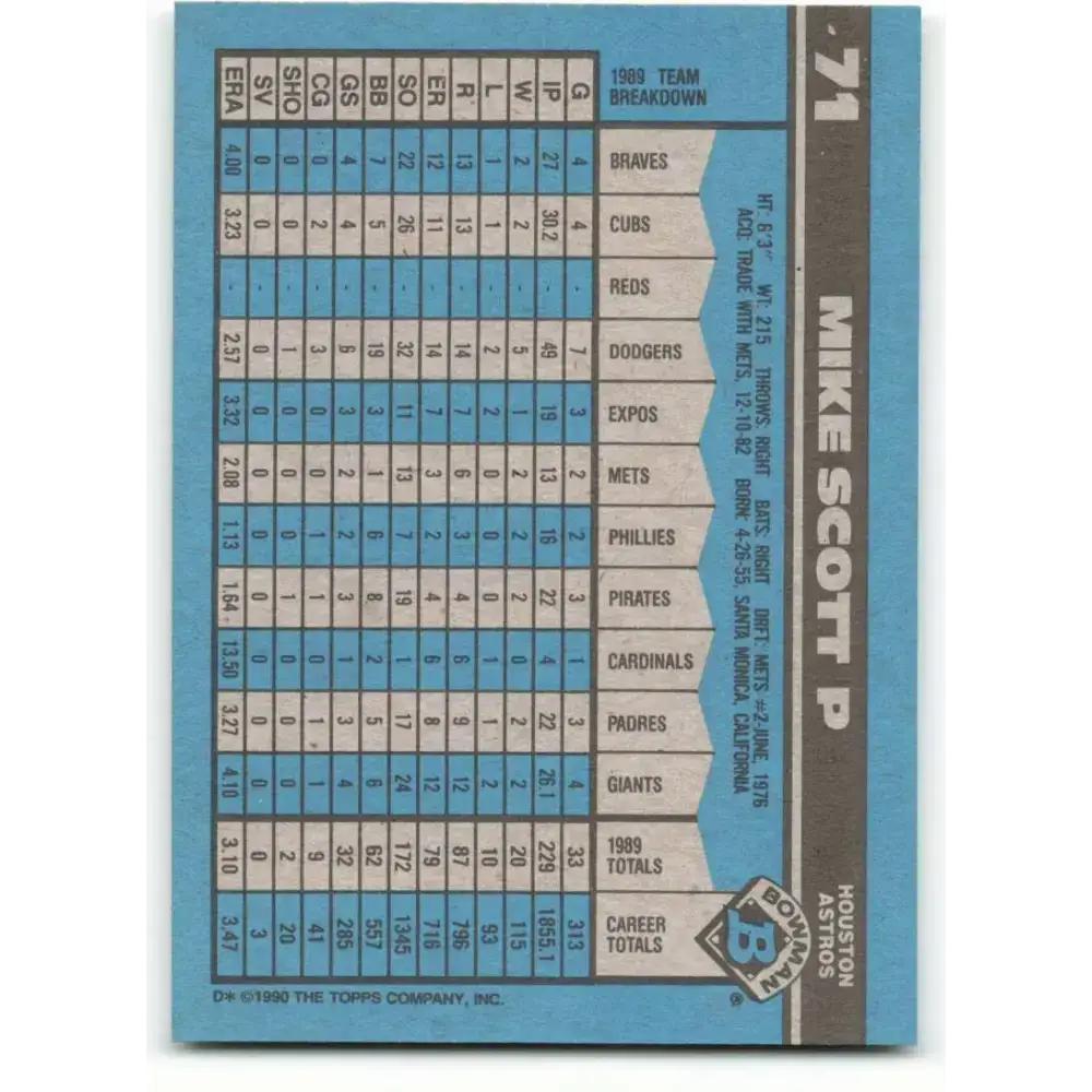 1990 Bowman #71 Mike Scott NM-MT Houston Astros Baseball Card - Baseball Card Single