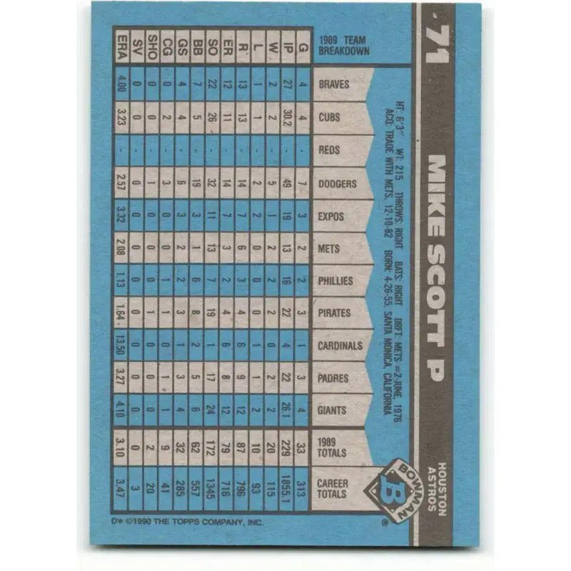 1990 Bowman #71 Mike Scott NM-MT Houston Astros Baseball Card - Baseball Card Single