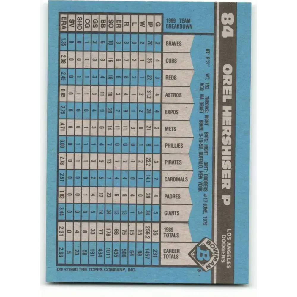 1990 Bowman #84 Orel Hershiser NM-MT Los Angeles Dodgers Baseball Card - Baseball Card Single